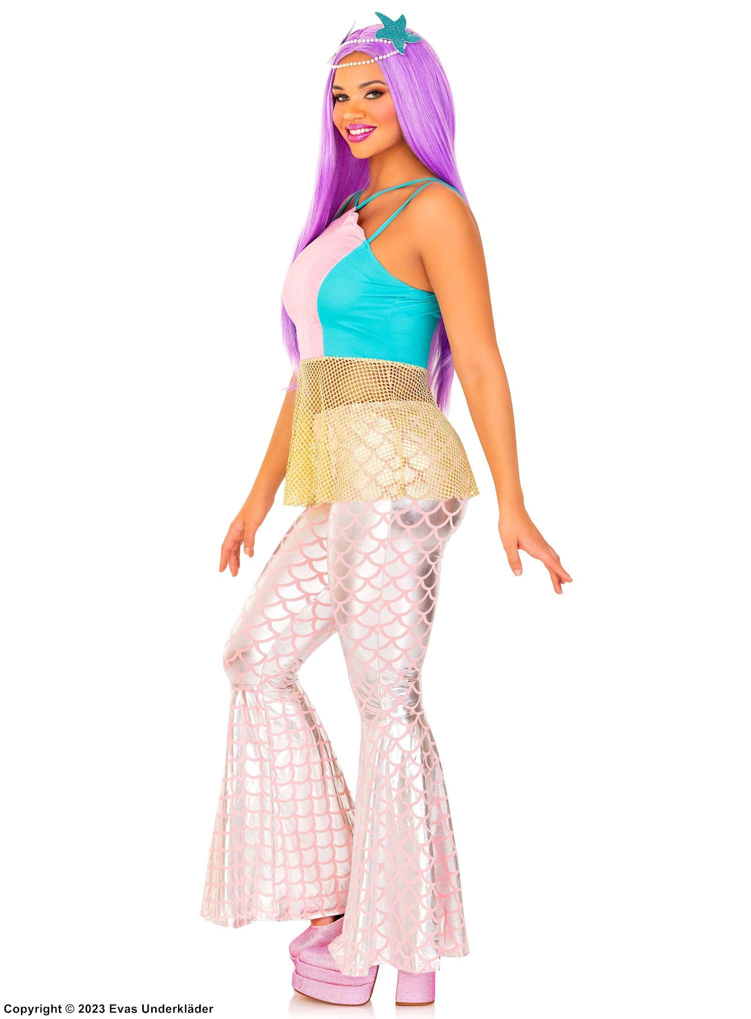 Disco-sjöjungfru, maskeraddräkt med topp och byxor, finmaskigt nät, fiskfjäll